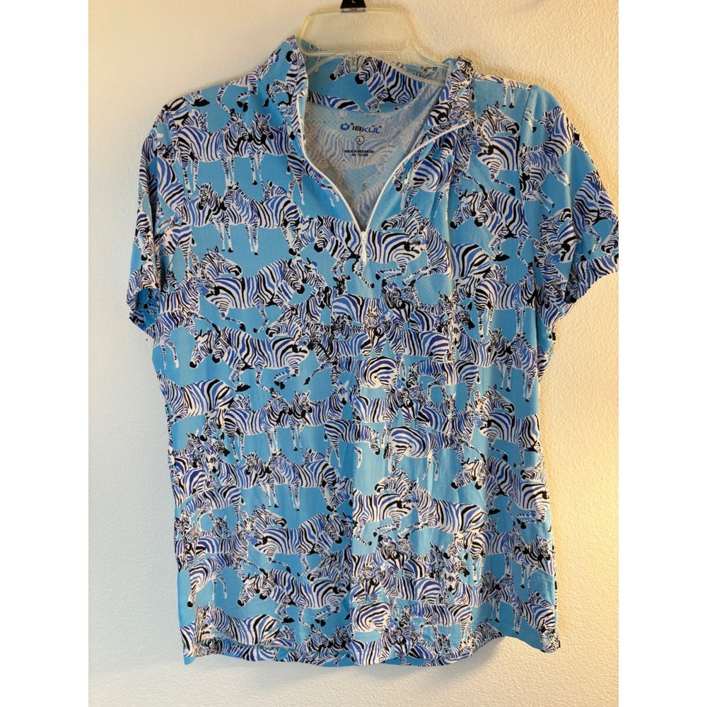 IBKUL Womens Zebra Print Quarter Zip Sun Shirt Blue White Short Sleeve Large
